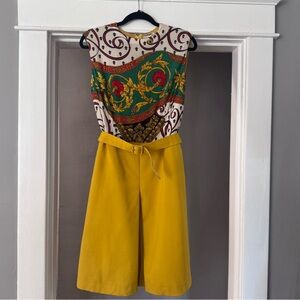 Vintage 80s/90s Baroque Scarf Print Dress Yellow Pleated Skirt w/ Belt - Rare!